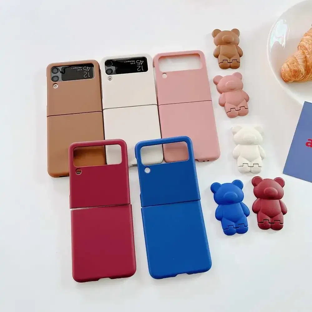 Color: Dark Red, Material: Aluminum - 3D Bear Bracket Kickstand Cute Case For Samsung Galaxy Z Flip 5 4 3 Hard Phone Case For Samsung Z Flip 3 4 Flip5 ZFlip4 Cover