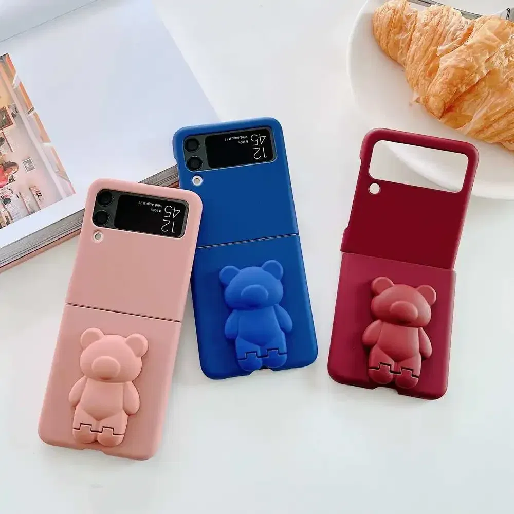 Color: Dark Red, Material: Aluminum - 3D Bear Bracket Kickstand Cute Case For Samsung Galaxy Z Flip 5 4 3 Hard Phone Case For Samsung Z Flip 3 4 Flip5 ZFlip4 Cover
