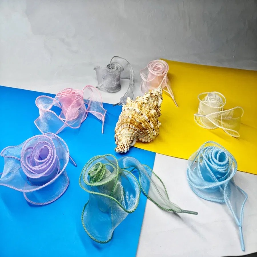 Color: green, Length: 140cm - 4cm Wide Festoon Fishtail Organza Shoelaces Wave Chiffen Fall Winer Bow Laces Beauty White Casual Sneaker DE Training Shoes Lace