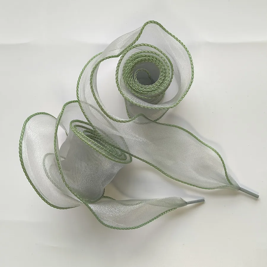 Color: green, Length: 140cm - 4cm Wide Festoon Fishtail Organza Shoelaces Wave Chiffen Fall Winer Bow Laces Beauty White Casual Sneaker DE Training Shoes Lace