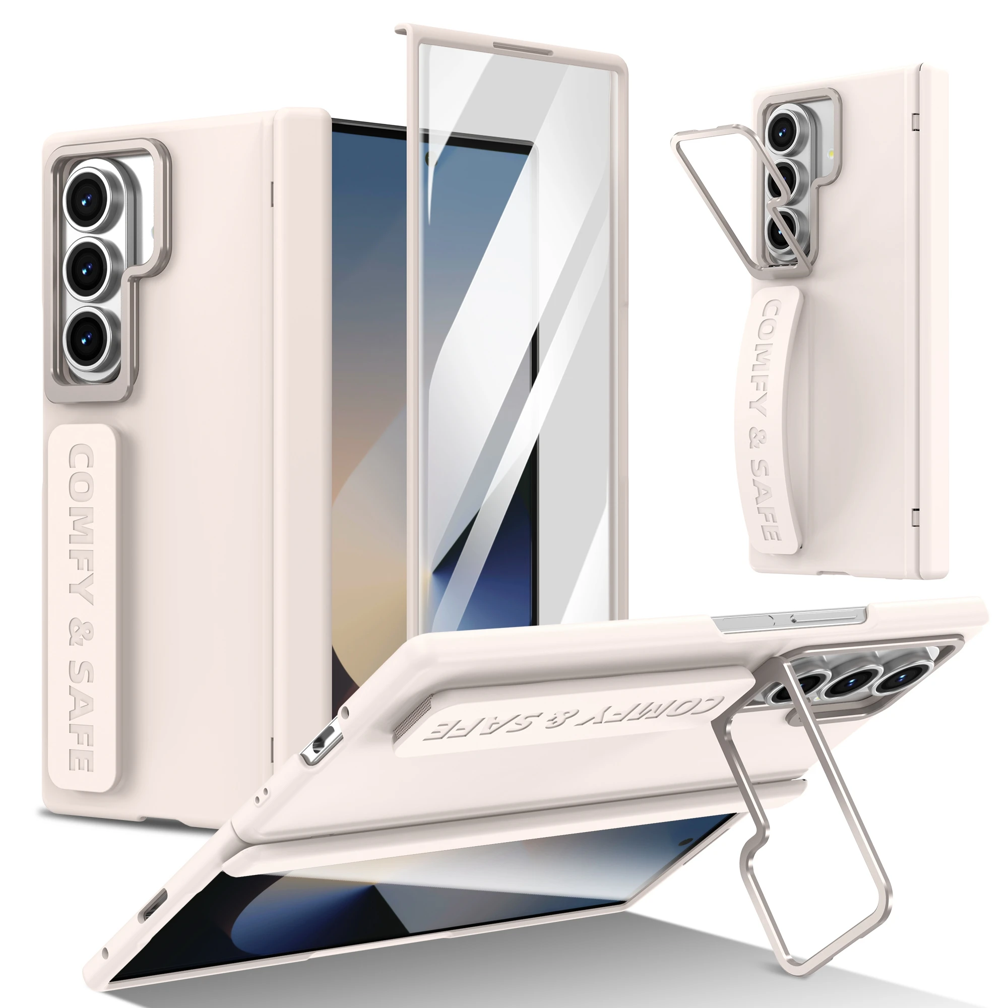 Color: Gold, Material: aluminum - For Samsung Galaxy Z Fold 7 6 5 4 3 Wristband Hinge Lens Holder Phone Case Outer Screen Glass Film Protection Shockproof Cover