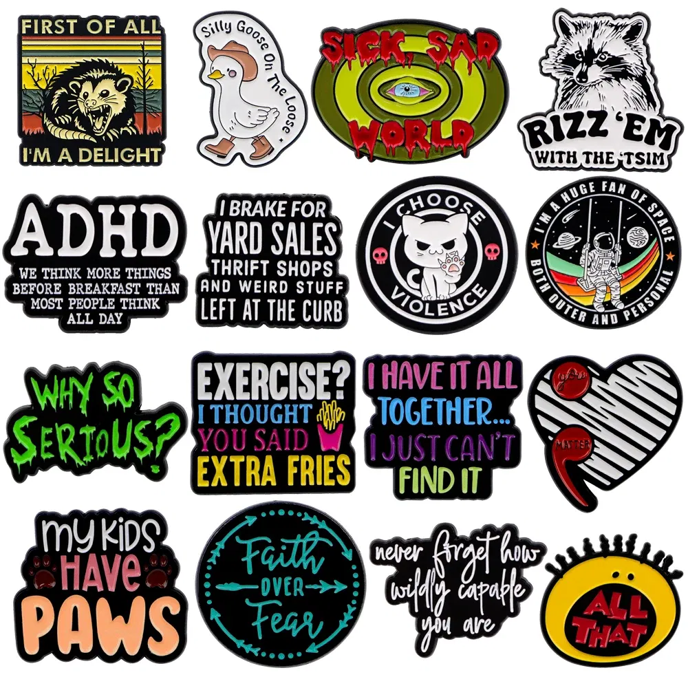 Metal color: Antique Gold Plated - Cartoon Duck Possum Quotation Lapel Pins for Backpack Metal Enamel Pin Brooch on Clothes Men Women Badges Accessories Gift