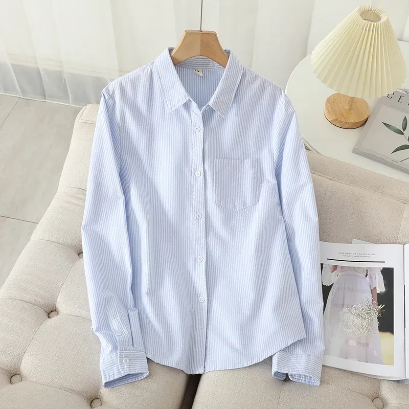 Color: Blue, Size: M - Women's Casual Cotton Oxford Shirt 2023 New Woman Striped Blouse and Tops Simple Solid Lady White Blue Shirts Clothes