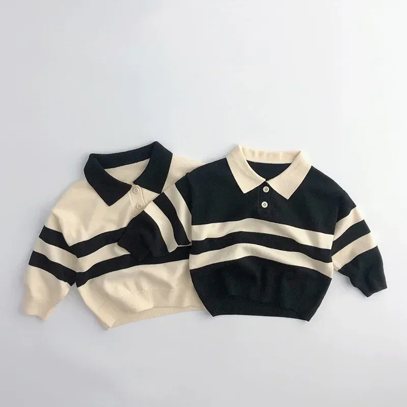 Color: black, Kid Size: 2T - 2025 Autumn New Children Long Sleeve Striped Sweater Cotton Boys Knitted Shirts Cute Baby Casual Knit Sweater Kids Clothes