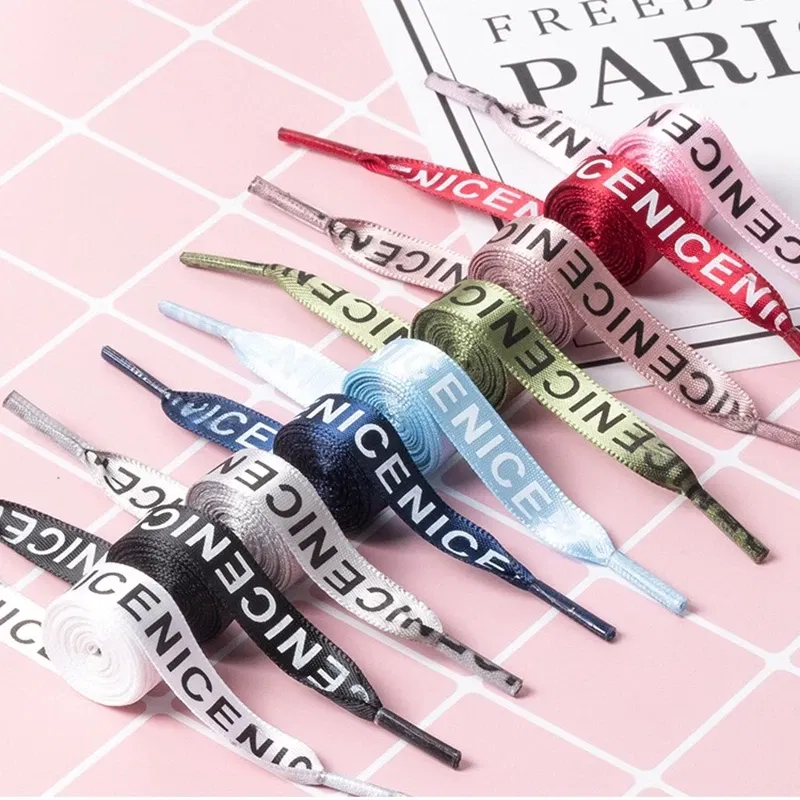 Color: Pink, Length: 160cm, Ships From: CHINA - New 1 Pair Shoelaces Letter Print Flat Shoelaces 1CM Width Satin Silk Ribbon Sneakers Shoes Lace Casuals Canvas Shoelace Strings