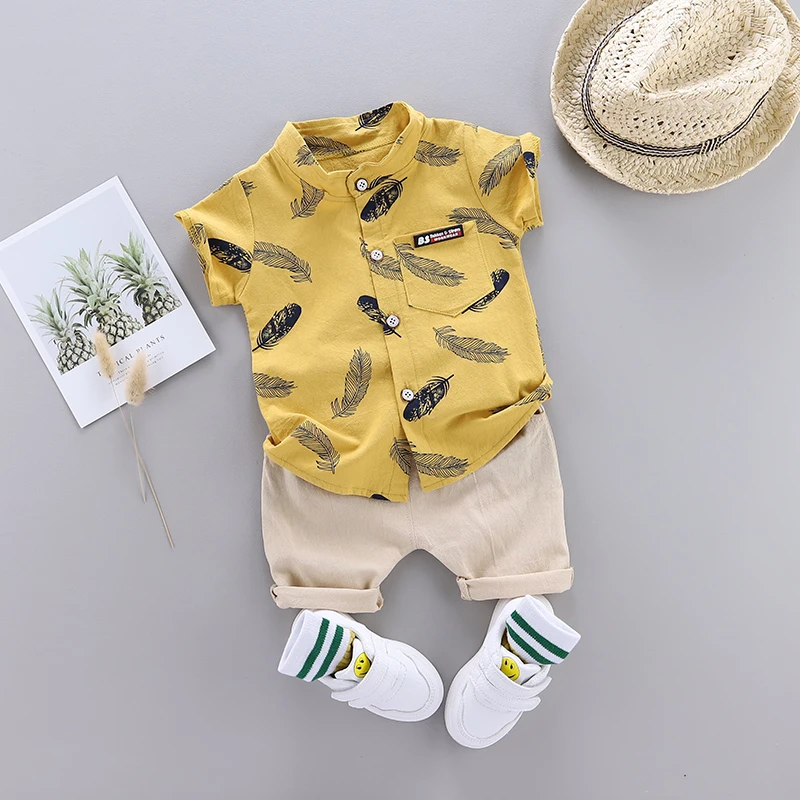 Color: Yellow, Kid Size: 18M - 0-3 Year Old Baby Summer Feather Print Shirt Short Sleeve Suit