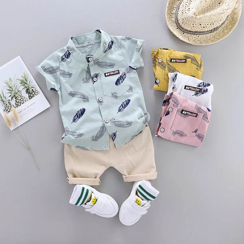 Color: Yellow, Kid Size: 18M - 0-3 Year Old Baby Summer Feather Print Shirt Short Sleeve Suit