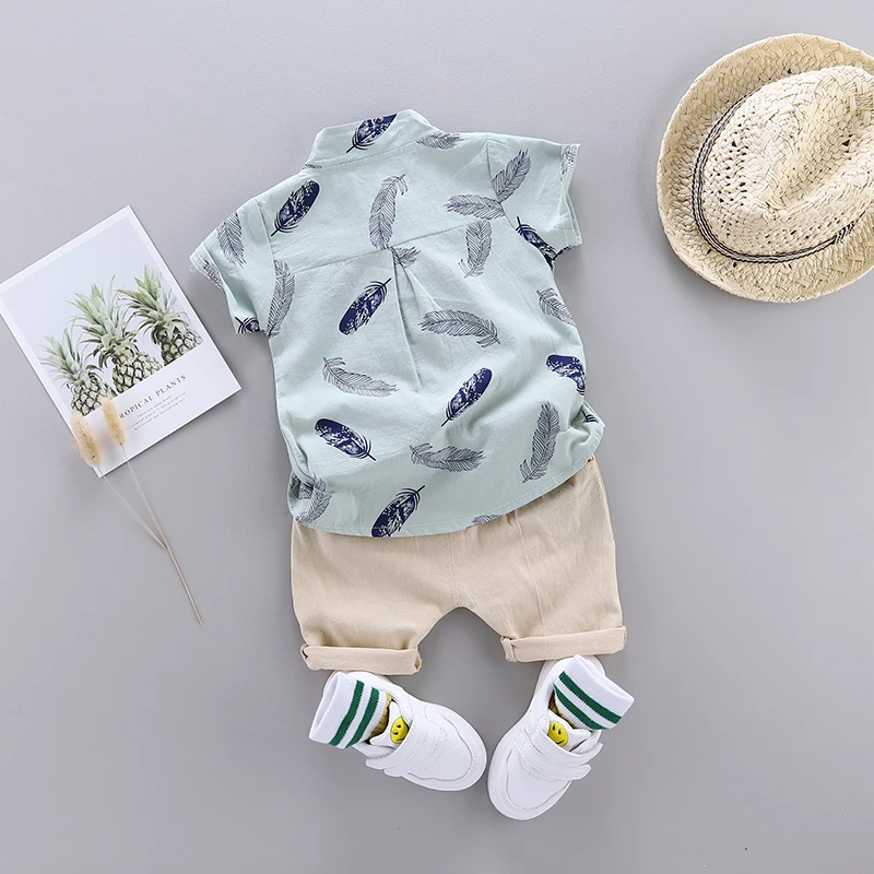 Color: Yellow, Kid Size: 18M - 0-3 Year Old Baby Summer Feather Print Shirt Short Sleeve Suit