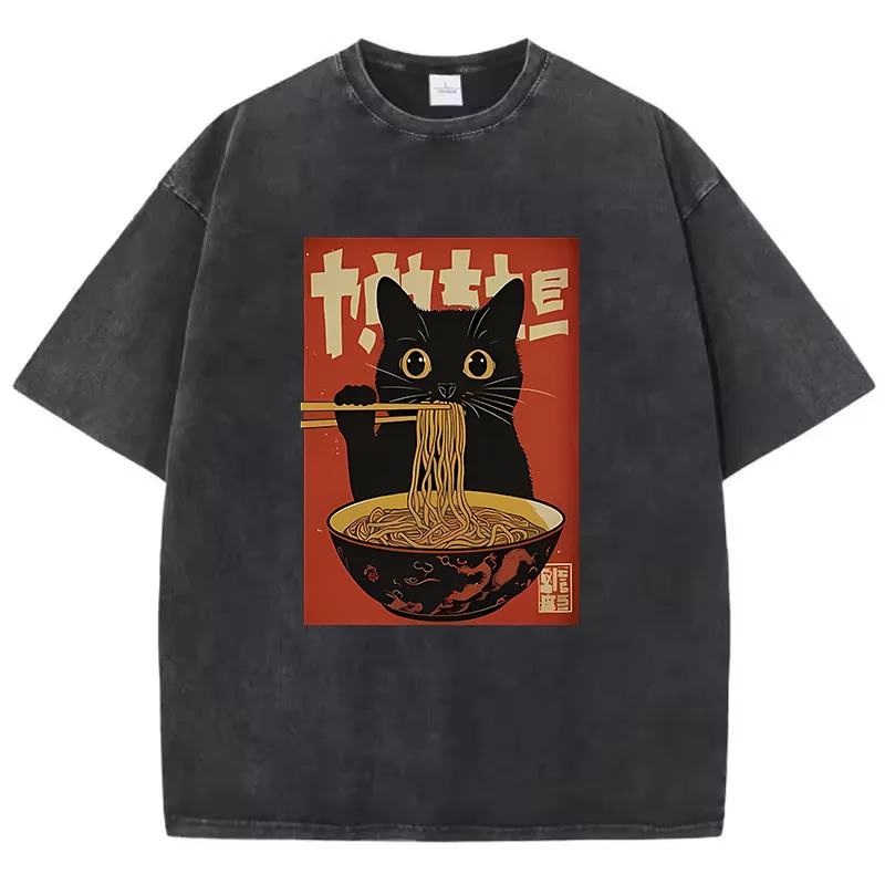 Color: Beige, Size: L - T Shirt Vintage Washed 100% Cotton T-Shirt Black Retro Cat Eating Ramen Graphic Tee Casual Streetwear for Spring Summer Fall