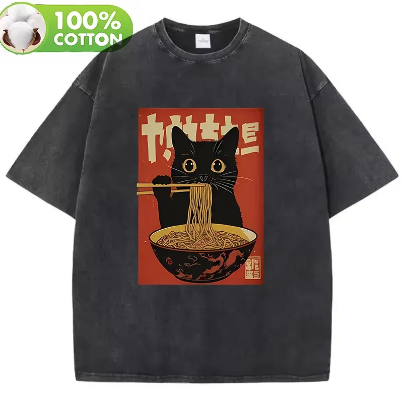 Color: Beige, Size: L - T Shirt Vintage Washed 100% Cotton T-Shirt Black Retro Cat Eating Ramen Graphic Tee Casual Streetwear for Spring Summer Fall