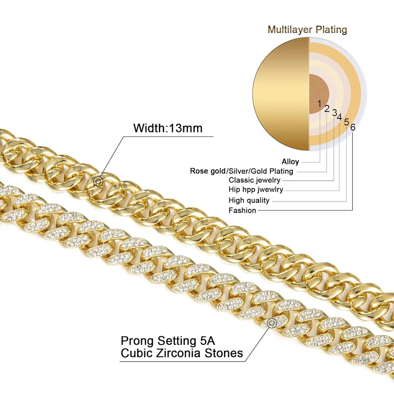 Metal Color: Dark Gold, Length: 50cm - Men Women Hip hop Iced Out Bling Chain Necklace High quality 13mm width Miami Cuban Chain HipHop Necklaces Fashion Jewelry