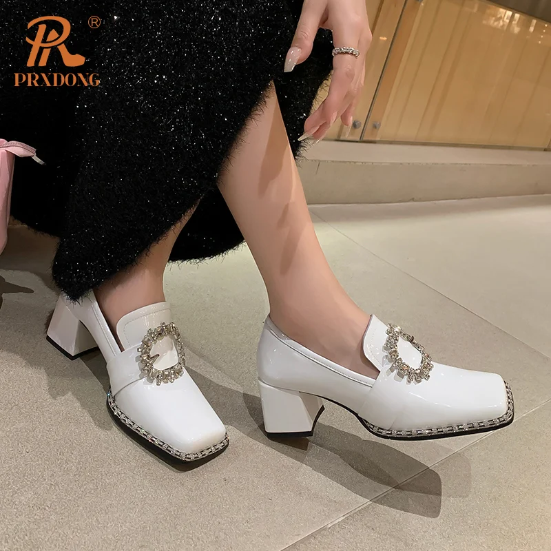 Color: black, Shoe Size: 42, Ships From: CHINA - PRXDONG New Arrivals Genuine Leather Spring Summer Women Pumps Square Med Heel Crystal Black White Dress Party Office Lady Shoes