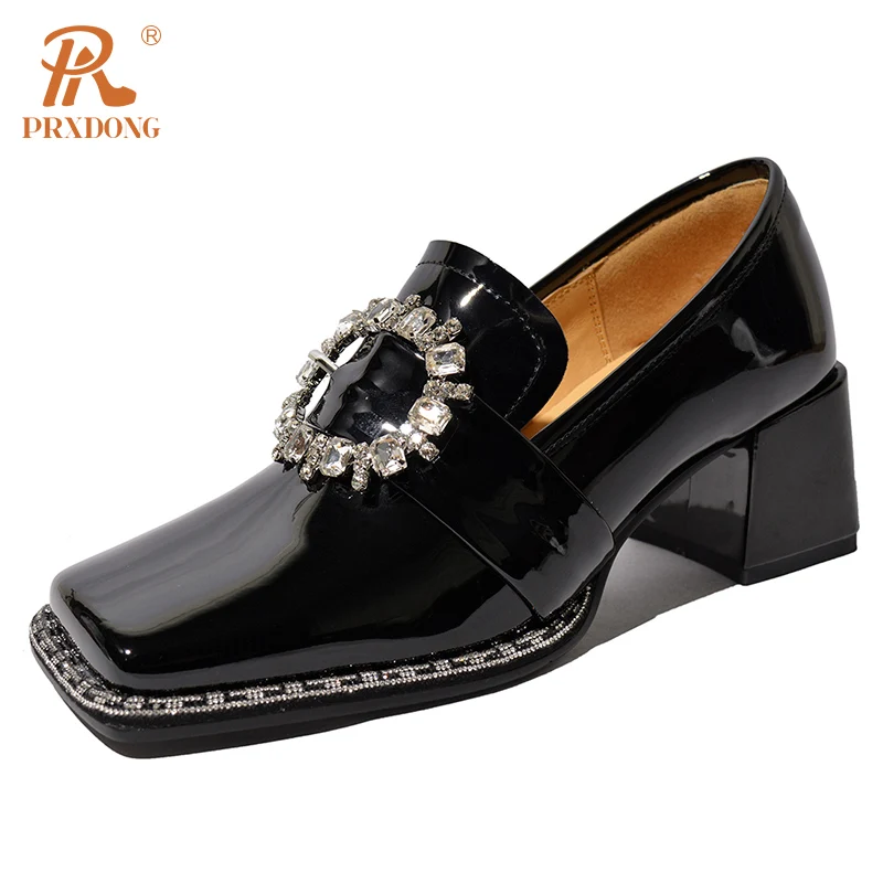 Color: black, Shoe Size: 42, Ships From: CHINA - PRXDONG New Arrivals Genuine Leather Spring Summer Women Pumps Square Med Heel Crystal Black White Dress Party Office Lady Shoes