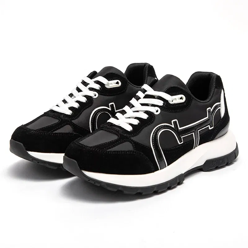 Color: black, Shoe Size: 40 - CHCH Women Tennis Shoes New Leather Splicing Student Sports Shoes