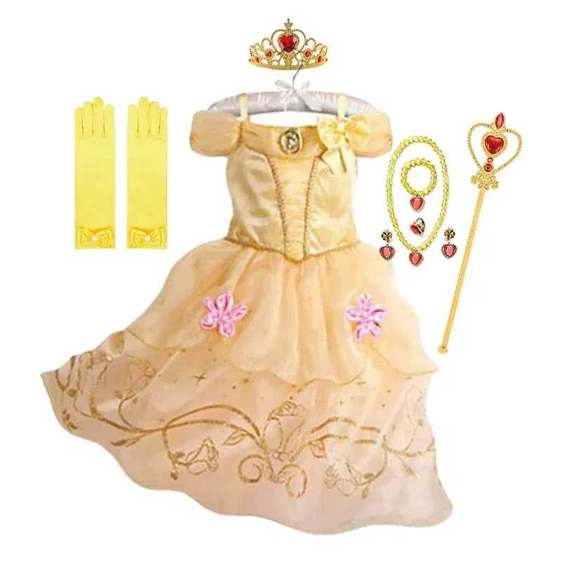 Kid Size: 9, Color: WHITE - Belle Princess Dress for Girls Cosplay Beauty and The Beast Snow White Costumes Kids Halloween Carnival Birthday Clothes