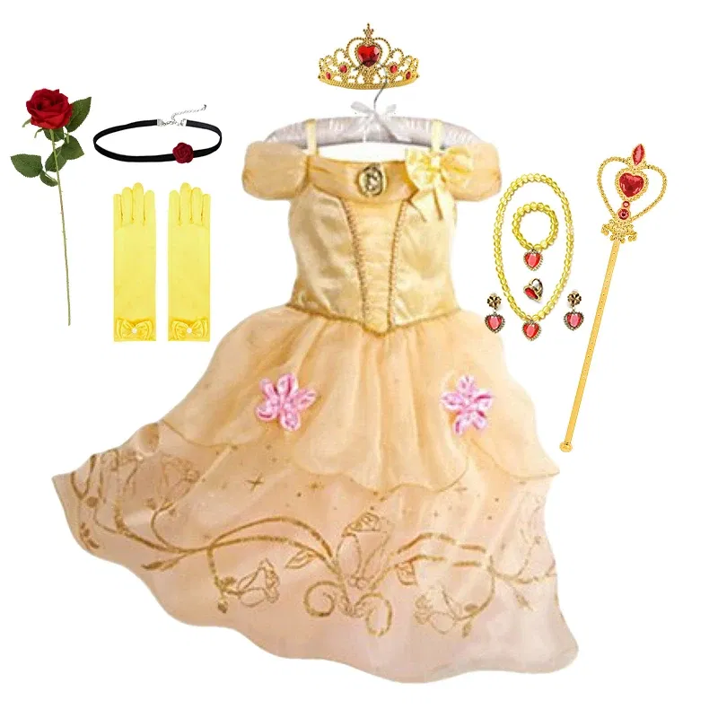 Kid Size: 9, Color: WHITE - Belle Princess Dress for Girls Cosplay Beauty and The Beast Snow White Costumes Kids Halloween Carnival Birthday Clothes