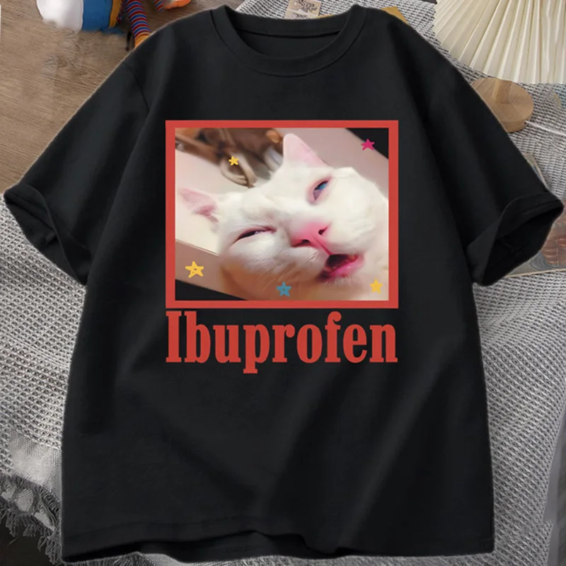 Color: Yellow, Size: S - Ibuprofen Cat Meme Tshirt Funny Cat Graphic Tee Cute Cat Lover Cotton T-Shirt Casual Funny T Shirts Unisex Oversized Tshirt Tee