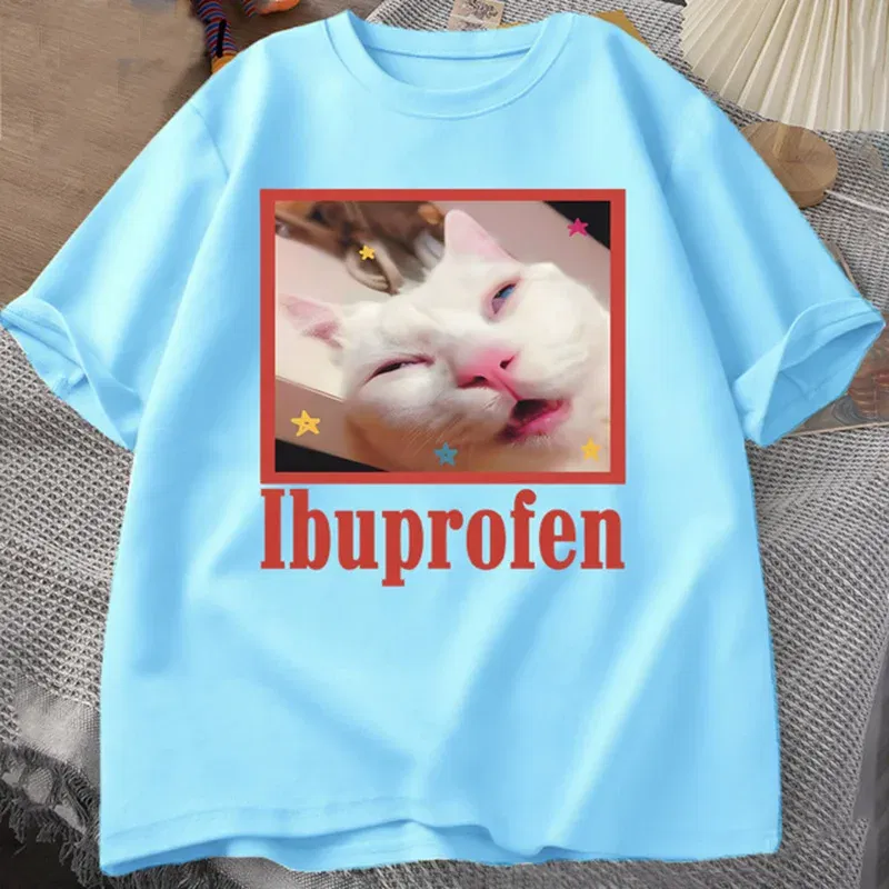 Color: Yellow, Size: S - Ibuprofen Cat Meme Tshirt Funny Cat Graphic Tee Cute Cat Lover Cotton T-Shirt Casual Funny T Shirts Unisex Oversized Tshirt Tee