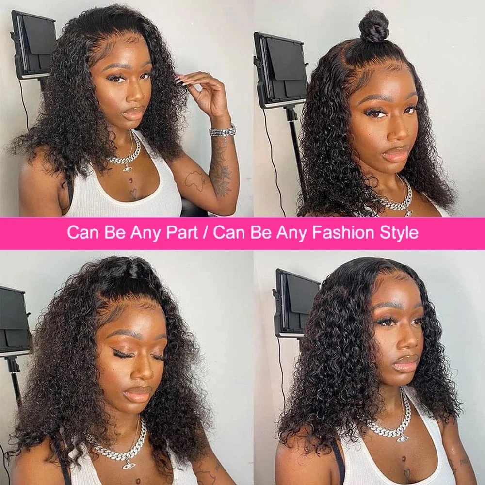 Hair Color: #1, Ships From: United States, Stretched Length: 14inches, Density: 150% - Water Wave Bob Wig Glueless Preplucked Human Wigs Ready To Go 13x4 Frontal Brazilian Wigs HD Transparent Lace Wig Deep Curls