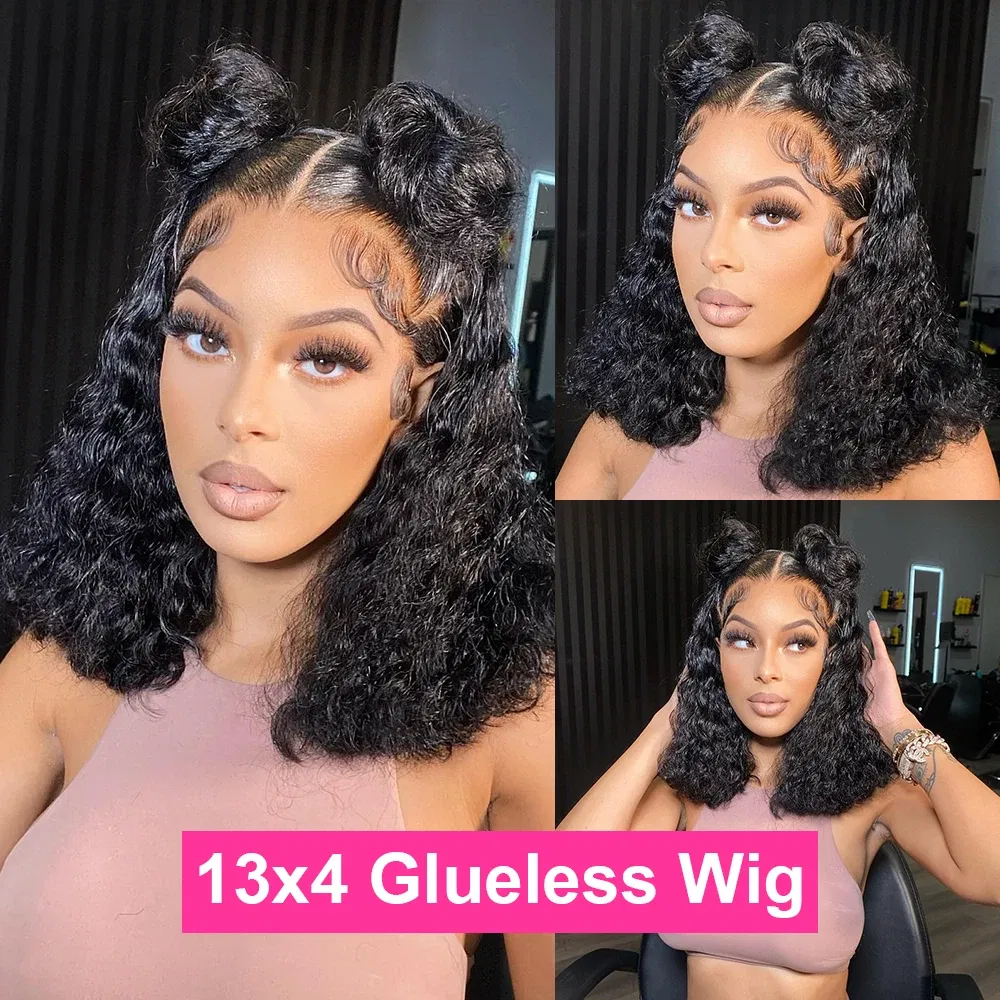 Hair Color: #1, Ships From: United States, Stretched Length: 14inches, Density: 150% - Water Wave Bob Wig Glueless Preplucked Human Wigs Ready To Go 13x4 Frontal Brazilian Wigs HD Transparent Lace Wig Deep Curls