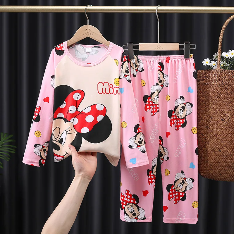 Color: black, Kid Size: 7 - 2pcs/set New Children Pyjamas Minnie Elsa Duck Cartoon Girls Sets Kid Home Wear boys and girls Travel Casual Sleepwear Suit