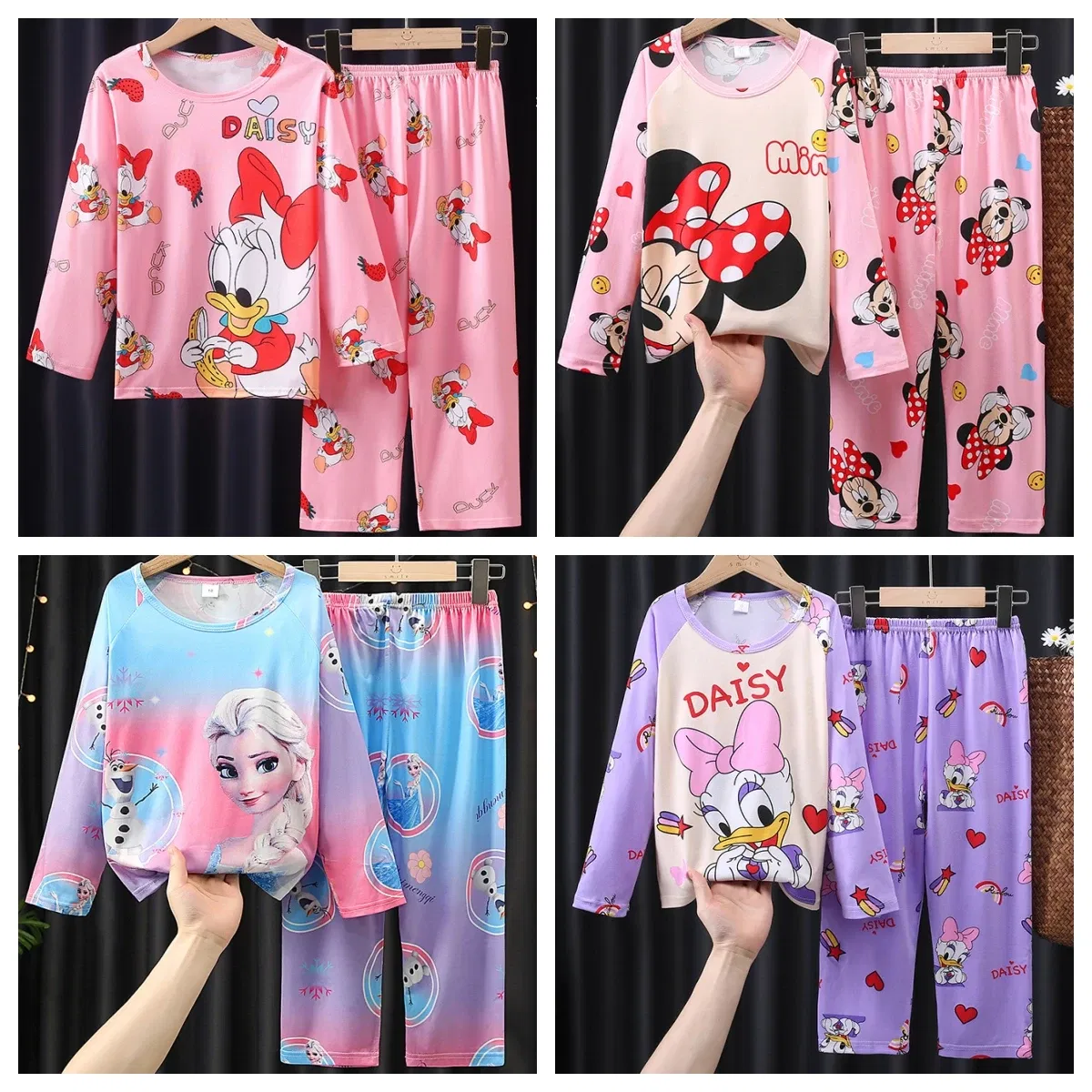 Color: black, Kid Size: 7 - 2pcs/set New Children Pyjamas Minnie Elsa Duck Cartoon Girls Sets Kid Home Wear boys and girls Travel Casual Sleepwear Suit