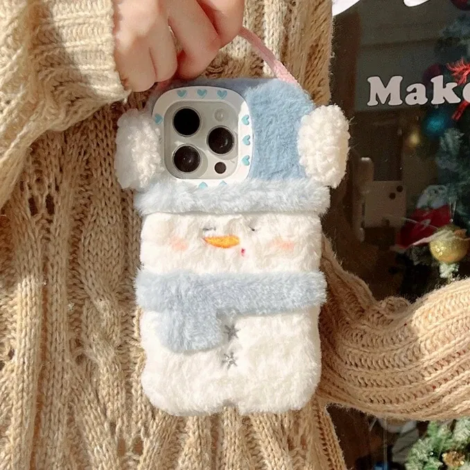 Color: Beige, Material: Plastic - Cute Cartoon Furry Snowman Case for iPhone 16 15 14 Pro Max 12 13 11 16Pro Plush Winter Warm Love Heart Soft Shockproof Cover