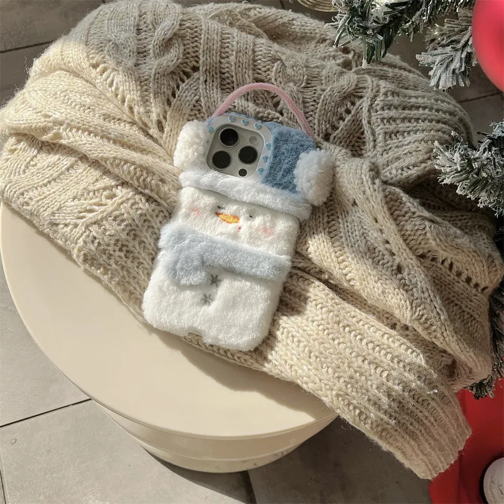 Color: Beige, Material: Plastic - Cute Cartoon Furry Snowman Case for iPhone 16 15 14 Pro Max 12 13 11 16Pro Plush Winter Warm Love Heart Soft Shockproof Cover
