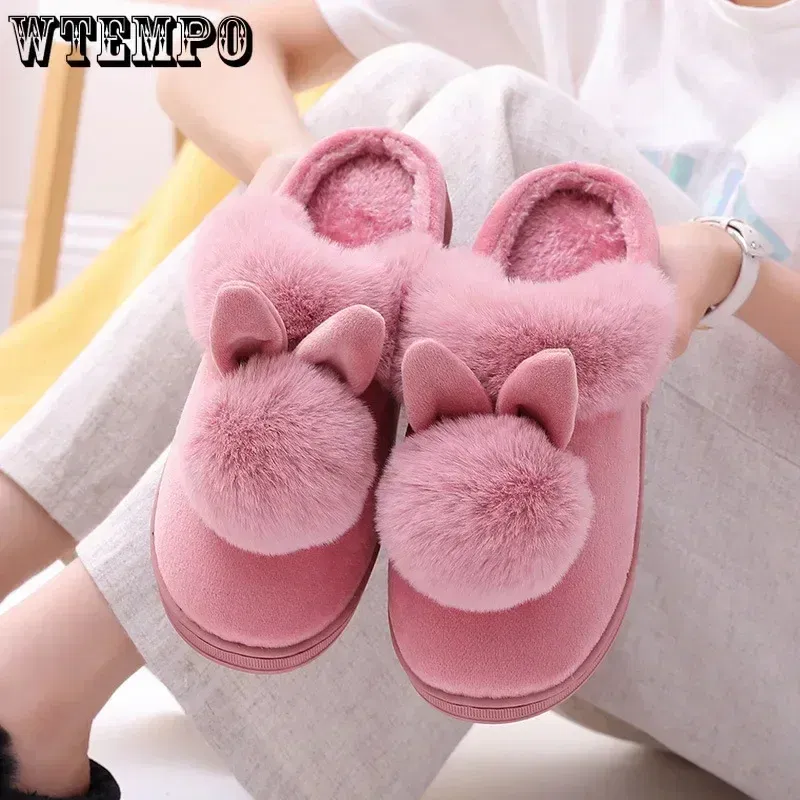 Color: Grape, Shoe Size: 4 - WTEMPO Fluffy House Shoes Women Winter Warm Slippers Cute Rabbit Ears Female Furry Plush Slippers Home Indoor Ladies Soft Shoes