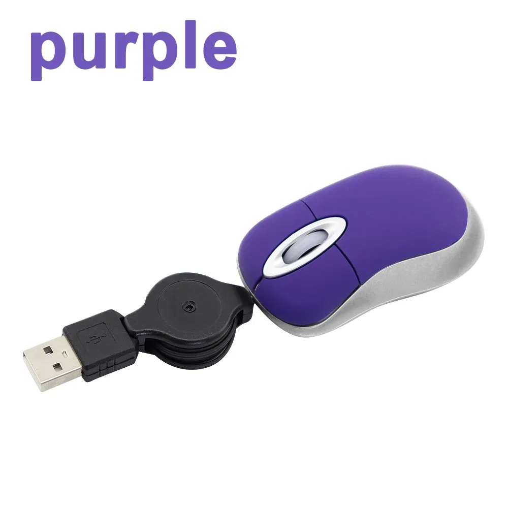 Color: PURPLE - Mini Portable Wired Mouse Retractable USB Cable Ergonomic Mause Anti Winding Office Computer Mice Retractable Adjustable Mice