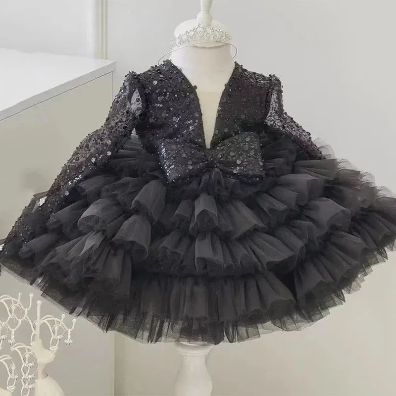 Kid Size: 3T, Color: Brown - 2-12 years old sequin long-sleeved dress girl puffy dress girl lace birthday wedding flower girl bow performance dress