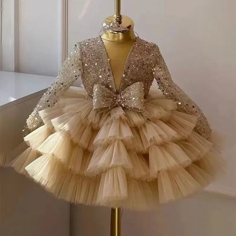 Kid Size: 3T, Color: Brown - 2-12 years old sequin long-sleeved dress girl puffy dress girl lace birthday wedding flower girl bow performance dress