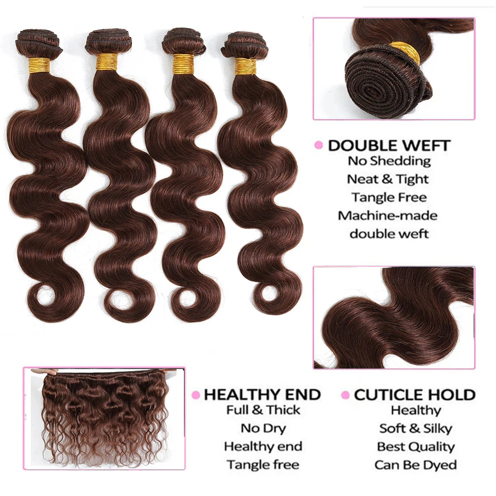 Bulk Buy: 3Pcs/Lot, Material Grade: Remy Hair, Length: 24 24 24 - Brown Body Wave Bundles 100% Human Hair #4 Colored Brazilian Remy Hair Extensions Weave 3 PCS/Lot 30 Inch Raw Human Hair Bundles