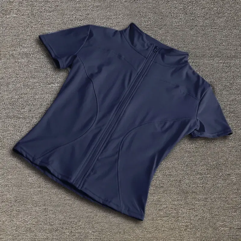 Color: DEEP BLUE, Size: XL - Summer High Quality Waist Slimming Training Tops Women's Quick-drying Tight Stand Collar Full Zipper Short Sleeves Yoga shirts