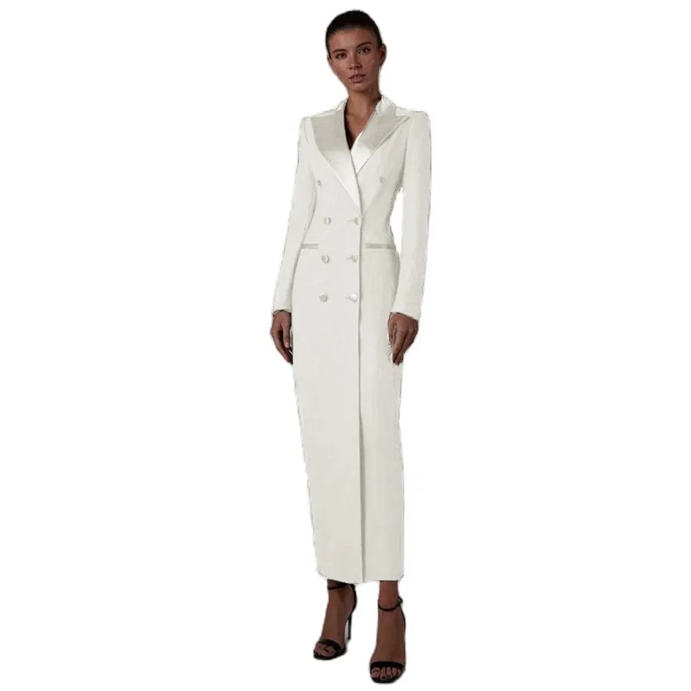 Color: Ivory, Size: L - Women's Suit Long Jacket One Piece Blazer Double Breasted Formal Tuxedo Party Dress кос?‚юм ?¶?µнский