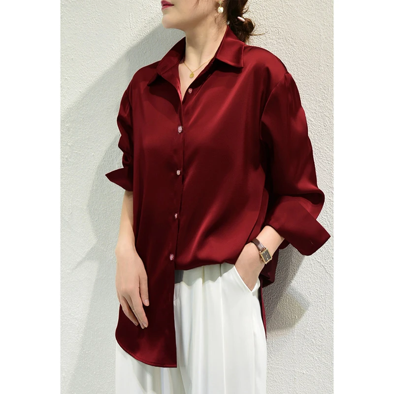 Color: Brown, Size: XXXL - All-match Satin Finish Shirts And Blouses Women Clothing Casual Top OL Long Sleeve Button Elegant Shirts French Solid Blouses