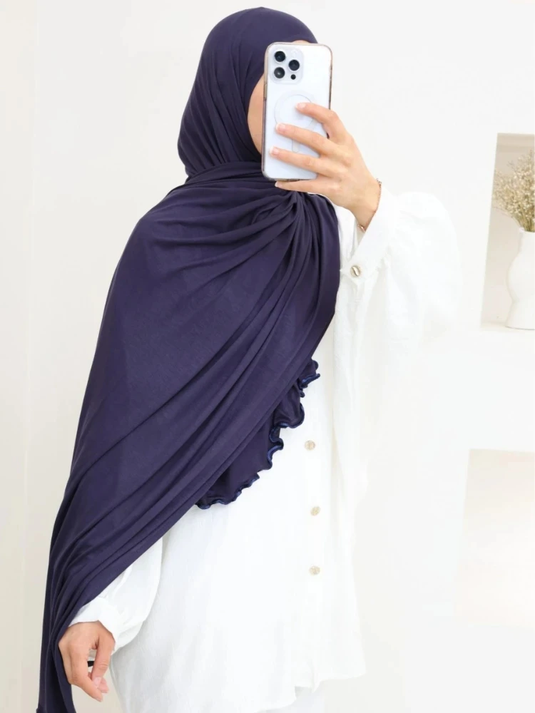 Color: black - Luxury Wavy Edge Jersey Hijab for Women Solid Color Milk Silk Scarf Headscarf Autumn Shawl Stretchy Chiffon Scarf Ramanda