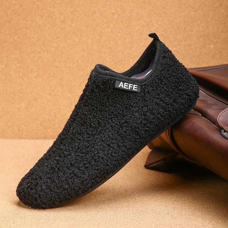 Color: black, Shoe Size: 41, Ships From: CHINA - Winter Fashion Men Slippers Plush Male Home Cotton Shoes Warm Anti-slip Men's Casual Shoes Flexible Solid Flats 39-47 Slip On