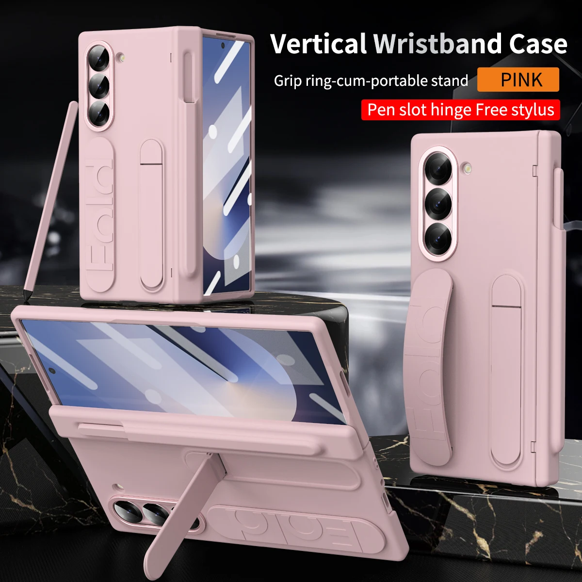 Color: black, Material: Denim - Touch Pen Case For Samsung Galaxy Z Fold 6 5 4 3 Skin Friendly Folding Hinge with Elastic Wrist Band Screen Tempered Film Cover