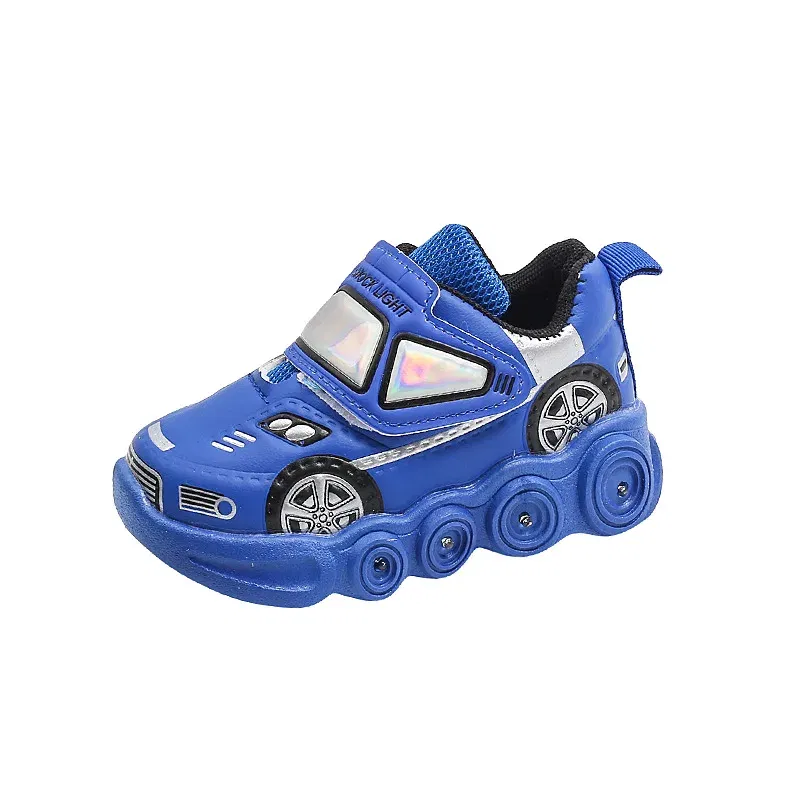 Color: Blue, Shoe Size: 22 - Diseny Kids'Casual Shoes Led Light Car Club Cartoon PU Leather Spring Shoes For Children Anti-slip Red Blue Shoes Size 21-30