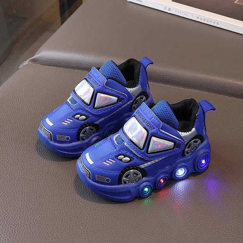 Color: Blue, Shoe Size: 22 - Diseny Kids'Casual Shoes Led Light Car Club Cartoon PU Leather Spring Shoes For Children Anti-slip Red Blue Shoes Size 21-30