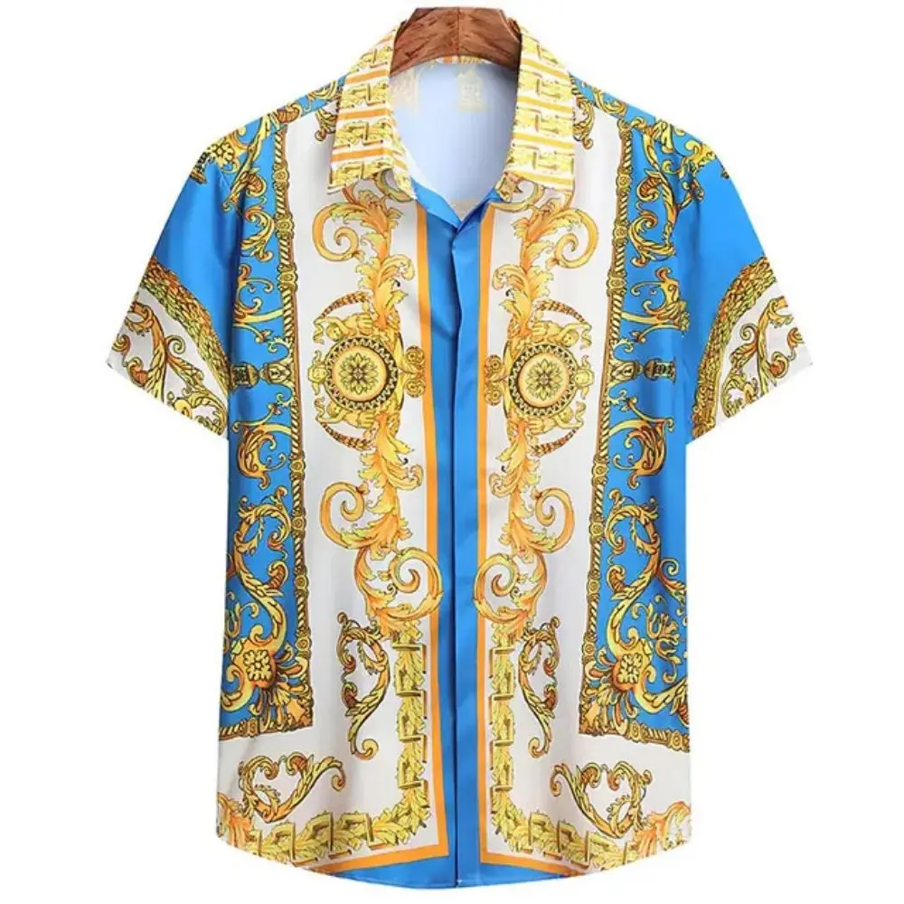 Color: SKY BLUE, Size: L - Summer Fashion Men's Short Sleeve Casual Shirts Luxury Style Gold Printed Tops Everyday Casual Wear Men's Shirts Oversized Tops