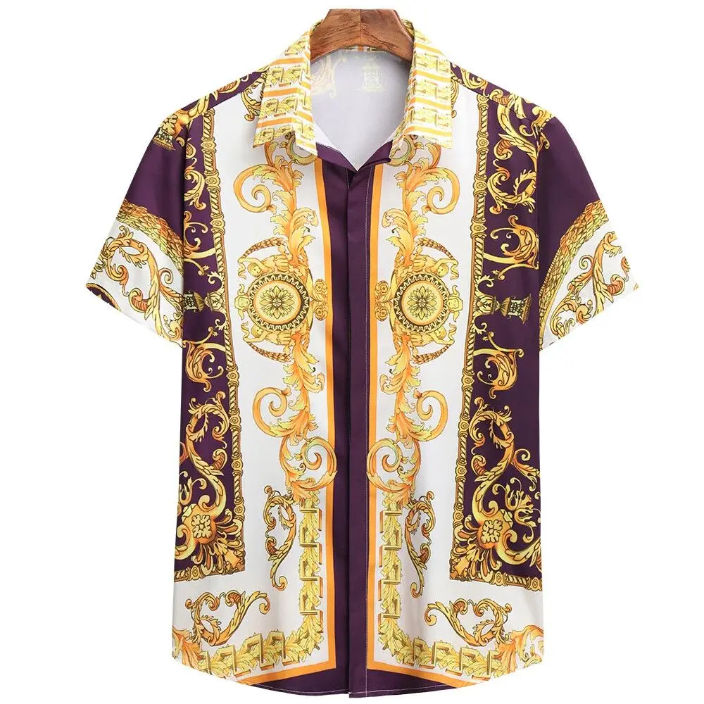 Color: SKY BLUE, Size: L - Summer Fashion Men's Short Sleeve Casual Shirts Luxury Style Gold Printed Tops Everyday Casual Wear Men's Shirts Oversized Tops