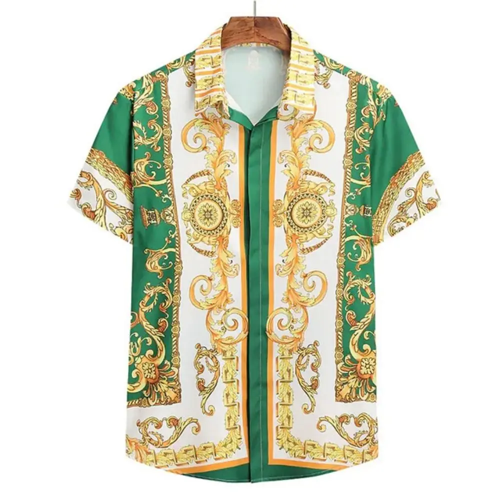 Color: SKY BLUE, Size: L - Summer Fashion Men's Short Sleeve Casual Shirts Luxury Style Gold Printed Tops Everyday Casual Wear Men's Shirts Oversized Tops