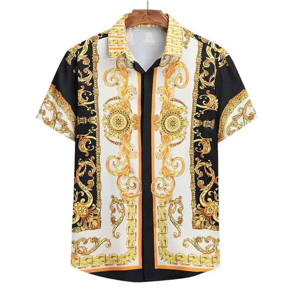 Color: SKY BLUE, Size: L - Summer Fashion Men's Short Sleeve Casual Shirts Luxury Style Gold Printed Tops Everyday Casual Wear Men's Shirts Oversized Tops