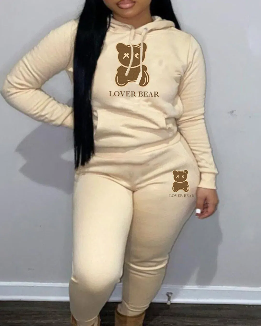 Color: Champagne, Size: M - 2 Piece Set Women Outfit Letter Bear Print Hooded Neck Hoodies Sweatshirt Pants Tracksuit 2024 Plus Size Streetwear Casual Suit