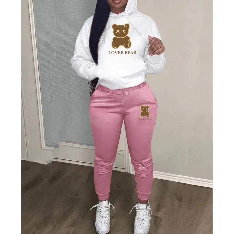 Color: Champagne, Size: M - 2 Piece Set Women Outfit Letter Bear Print Hooded Neck Hoodies Sweatshirt Pants Tracksuit 2024 Plus Size Streetwear Casual Suit