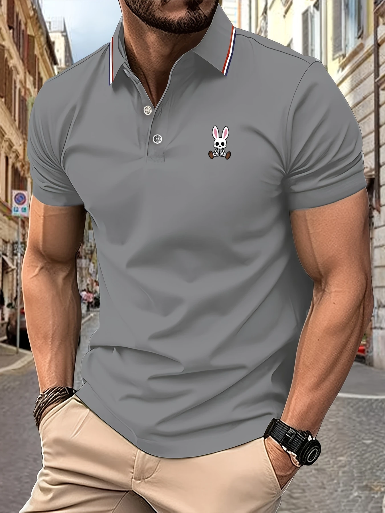Color: black, Size: S - Mens Polo Shirts Skulls Rabbit Print 2025 New Summer Lapel Stripes Men Short Sleeve Casual Breathable Light Luxury T-Shirt