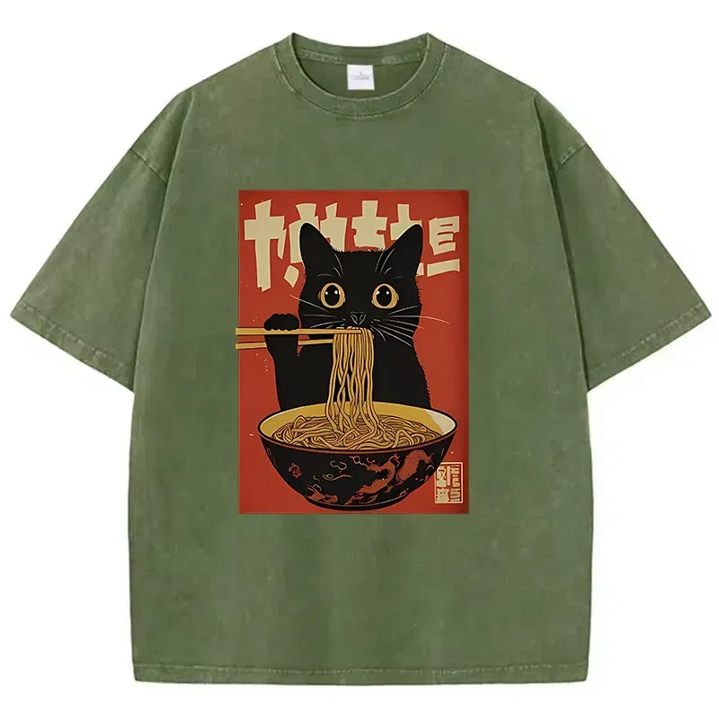 Color: Dark Grey, Size: L - T Shirt Vintage Washed 100% Cotton T-Shirt Black Retro Cat Eating Ramen Graphic Tee Casual Streetwear for Spring Summer Fall