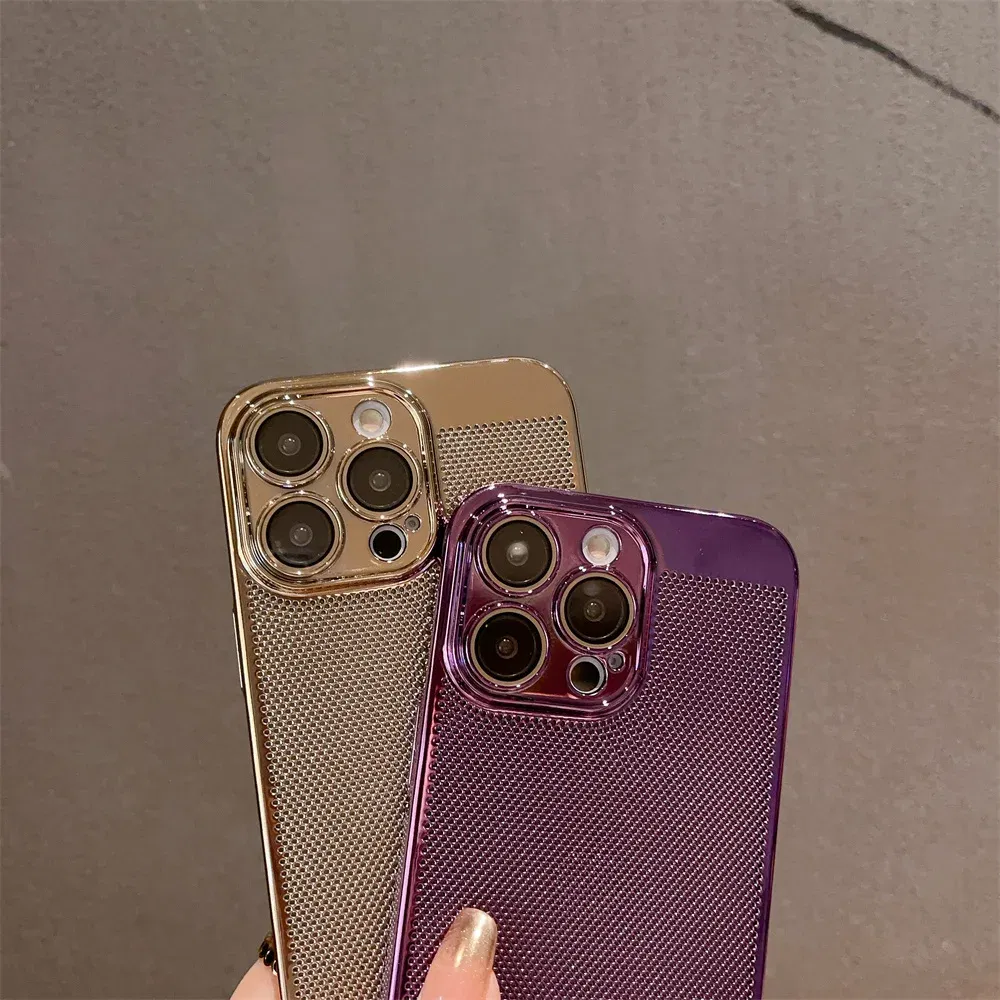 Color: PURPLE, Material: Microfiber - Luxury Plating Hollowed Out Case for iPhone 12 13 Mini 11 14 Pro Max X XR Xs Max 7 8 Plus Heat Dissipation Shockproof Lens Cover